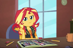 Size: 457x303 | Tagged: safe, derpibooru import, screencap, sunset shimmer, equestria girls, equestria girls series, super squad goals, animated, coffee, comic, drawing, geode of empathy, hand, pencil, smugset shimmer, window