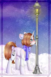 Size: 2694x4000 | Tagged: safe, artist:darksteel, derpibooru import, oc, oc:light landstrider, pony, unicorn, absurd resolution, blushing, clothes, green eyes, lamppost, long mane, male, night, scarf, silly, silly pony, snow, snowfall, snowflake, solo, stallion, stuck, tongue out, tongue stuck to pole, winter