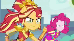 Size: 497x275 | Tagged: safe, derpibooru import, screencap, pinkie pie, sunset shimmer, equestria girls, equestria girls series, super squad goals, animated, clothes, crystal guardian, naruto run, park, ponied up, running, tree
