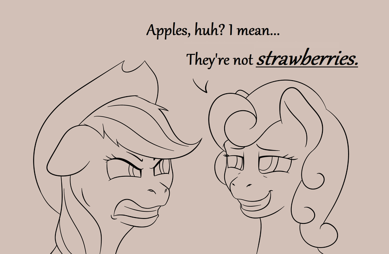 Size: 3553x2321 | Tagged: safe, artist:nudeknightart, derpibooru import, applejack, strawberry sunrise, earth pony, pegasus, pony, brown background, dialogue, female, grin, mare, monochrome, scowl, simple background, smiling, smug, strawberry savage, troll