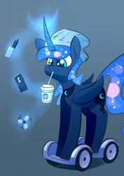 Size: 2480x3507 | Tagged: safe, artist:underpable, derpibooru import, princess luna, alicorn, pony, coffee, cringe comedy, curved horn, cute, drinking, ethereal mane, female, fidget spinner, frappuccino, frown, glowing horn, gray background, hat, hipster, levitation, looking down, lunabetes, magic, mare, meme, millennial, mobile phone, phone, scooter, segway, simple background, smartphone, solo, starbucks, straw, swegway, telekinesis, towel, traditional art, unicorn frappuccino, vape