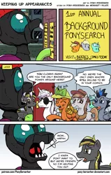 Size: 900x1417 | Tagged: safe, artist:pony-berserker, derpibooru import, applejack, derpy hooves, lyra heartstrings, oc, oc:berzie, oc:longhaul, oc:midnight blaze, oc:silver sickle, oc:slipstream, oc:southern comfort, changeling, pony, background pony applejack, clothes, comic, costume, dialogue, eyepatch, female, group, male, mare, speech bubble, stallion, unamused