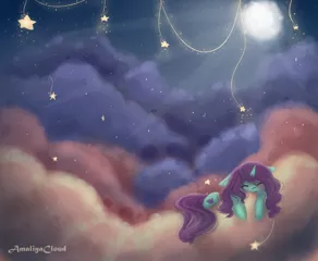 Size: 1024x842 | Tagged: safe, artist:amaliyacloud, derpibooru import, oc, oc:amaliya cloud, unofficial characters only, pony, cloud, cute, cutie mark, female, moon, moonlight, sleeping, stars