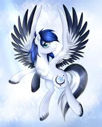 Size: 1600x2000 | Tagged: safe, artist:puggie, derpibooru import, oc, unofficial characters only, pegasus, pony, cloud, commission, flying, solo, spread wings, wings