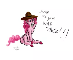 Size: 3000x2500 | Tagged: angry, artist:laughingvexxo, artist:vexxo-doodles, colored hooves, derpibooru import, full metal jacket, mountie, pinkie pie, quote, safe, simple background, unshorn fetlocks, war face, white background