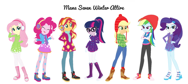 Size: 1623x731 | Tagged: safe, artist:allegro15, artist:selenaede, derpibooru import, applejack, fluttershy, pinkie pie, rainbow dash, rarity, sunset shimmer, twilight sparkle, equestria girls, base used, boots, clothes, converse, earmuffs, gloves, humane five, humane seven, humane six, shoes, snow cap, stockings, thigh highs, winter boots, winter cap, winter clothes, winter coat, winter hat, winter outfit