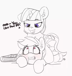 Size: 3749x3917 | Tagged: suggestive, artist:pabbley, derpibooru import, rainbow dash, twilight sparkle, twilight sparkle (alicorn), alicorn, pony, 30 minute art challenge, bedroom eyes, blushing, book, dialogue, drool, female, imminent sex, implied lesbian, implied shipping, implied twidash, lesbian, massage, misleading thumbnail, partial color, shipping, shrunken pupils, simple background, terrified, twidash, white background