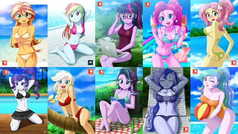 Size: 3535x2000 | Tagged: suggestive, alternate version, artist:uotapo, derpibooru import, edit, applejack, fluttershy, pinkie pie, princess celestia, princess luna, rainbow dash, rarity, sci-twi, starlight glimmer, sunset shimmer, twilight sparkle, equestria girls, alternate hairstyle, arm behind head, armpits, attached skirt, ball, barefoot, beach, beach babe, beach ball, belly button, bicolor swimsuit, big breasts, bikini, bikini babe, bikini bottom, bikini top, black swimsuit, blonde, blonde hair, blue eyes, blue swimsuit, blushing, bow, bow swimsuit, braided ponytail, breasts, busty applejack, busty fluttershy, busty pinkie pie, busty princess celestia, busty princess luna, busty rainbow dash, busty rarity, busty starlight glimmer, busty sunset shimmer, busty twilight sparkle, chair, cleavage, clothes, cloud, collage, compilation, computer, cutie mark swimsuit, day, dork, ear piercing, earring, eyebrows, eyelashes, eyes closed, feet, female, females only, flutterbutt, food, freckles, frilled swimsuit, glasses, green eyes, hair, happy, humane five, humane seven, humane six, ice cream, ice cream cone, incorrect foot anatomy, jeweled swimsuit, jewelry, kneeling, lacy bikini, laptop computer, leather, looking at you, mane six, multi-strap swimsuit, multicolored hair, o-ring swimsuit, one eye closed, one-piece swimsuit, orange swimsuit, palm tree, partial nudity, patreon, patreon logo, piercing, pink swimsuit, pinklestia, ponytail, praise the sun, principal celestia, purple eyes, purple swimsuit, raribetes, rash guard, red swimsuit, school swimsuit, sexy, shadowbolts swimsuit, side-tie bikini, sideass, skirt, sky, sleeping, smiling, soft serve, straddling, string bikini, striped swimsuit, stupid sexy celestia, stupid sexy luna, stupid sexy pinkie, summer, swimming pool, swimsuit, teal eyes, tree, underass, underboob, vice principal luna, water, water park, wink