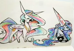 Size: 1024x706 | Tagged: safe, artist:prettyshinegp, derpibooru import, princess celestia, princess luna, alicorn, pony, abuse, angry, bitchlestia, bully, bullying, cross-popping veins, dunce hat, duo, eyes closed, female, hat, lunabuse, mare, open mouth, royal sisters, sitting, time out, traditional art