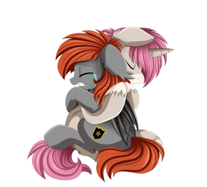 Size: 3882x3509 | Tagged: safe, artist:pridark, derpibooru import, oc, oc:grem, oc:intrepid charm, unofficial characters only, bat pony, unicorn, bat pony oc, comforting, commission, crying, female, male, mare, simple background, stallion, transparent background