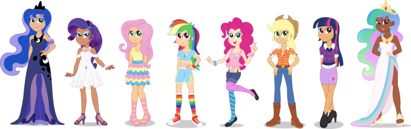 Size: 8216x2585 | Tagged: safe, artist:sugar-loop, derpibooru import, applejack, fluttershy, pinkie pie, princess celestia, princess luna, rainbow dash, rarity, twilight sparkle, human, equestria girls, belly button, clothes, converse, crown, dark skin, dress, human coloration, humanized, jewelry, mane six, midriff, regalia, royal sisters, shoes, short shirt, side slit, simple background, socks, stockings, thigh highs, transparent background