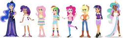 Size: 8216x2585 | Tagged: safe, artist:sugar-loop, derpibooru import, applejack, fluttershy, pinkie pie, princess celestia, princess luna, rainbow dash, rarity, twilight sparkle, human, equestria girls, belly button, clothes, converse, crown, dark skin, dress, human coloration, humanized, jewelry, mane six, midriff, regalia, royal sisters, shoes, short shirt, side slit, simple background, socks, stockings, thigh highs, transparent background