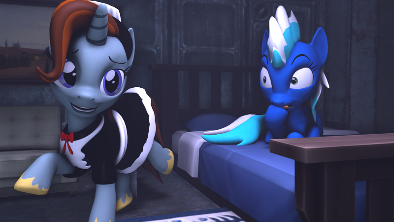 Size: 1280x720 | Tagged: safe, artist:tonkano, derpibooru import, oc, oc:carlile, oc:pearlblue, fallout equestria, 3d, bed, clothes, female, lesbian, licking, licking lips, maid, oc x oc, present, room, shipping, source filmmaker, stable, tongue out, wide eyes