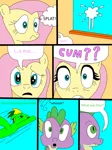 Size: 1530x2048 | Tagged: explicit, artist:didgereethebrony, derpibooru import, fluttershy, spike, oc, oc:didgeree, dragon, pegasus, pony, comic:a different type of testing, comic, cum, cum stain, flying