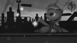 Size: 1920x1080 | Tagged: safe, artist:tonkano, derpibooru import, applejack, earth pony, pony, fallout equestria, fanfic, 3d, fanfic art, female, hat, hooves, industry, mare, microphone, ministry mares, ministry of wartime technology, monochrome, propaganda, solo, source filmmaker, speech