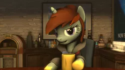 Size: 1280x720 | Tagged: safe, artist:tonkano, derpibooru import, oc, oc:carlile, unofficial characters only, pony, unicorn, 3d, alcohol, bar, cider, clothes, coat, detective, drinking, female, liquor, looking at you, mare, smiling, smug, solo, source filmmaker