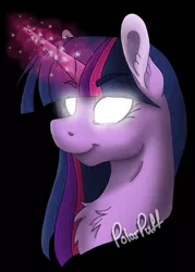 Size: 879x1225 | Tagged: alicorn, artist:polar puff, bust, chest fluff, derpibooru import, edit, glowing eyes, glowing horn, magic, multicolored hair, portrait, safe, sparkles, twilight sparkle