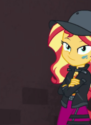Size: 678x930 | Tagged: safe, derpibooru import, screencap, sunset shimmer, display of affection, equestria girls, equestria girls series, animated, cap, cute, flanksy, gif, hat, paint, shimmerbetes, solo
