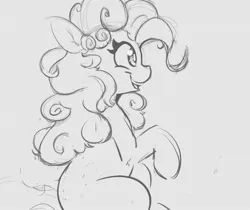 Size: 1130x947 | Tagged: safe, artist:tre, derpibooru import, pinkie pie, pony, curly hair, female, grayscale, mare, monochrome, poofy pie, sitting, sketch, smiling, solo