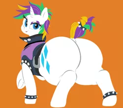 Size: 4879x4267 | Tagged: source needed, suggestive, artist:lyracorn, artist:sirmasterdufel, color edit, derpibooru import, edit, rarity, pony, unicorn, it isn't the mane thing about you, absurd resolution, alternate hairstyle, bedroom eyes, blue eyes, chubby, clothes, colored, fat, female, huge butt, large butt, looking at you, looking back, no fun november, plot, punk, raripunk, raritubby, rearity, solo, solo female, the ass was fat, vest, wide hips