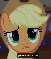 Size: 304x352 | Tagged: safe, derpibooru import, screencap, applejack, earth pony, pony, look before you sleep, artifact, cropped, euthanasia, frown, kill me, lidded eyes, looking at you, meme, sad, solo, suicidal, text, youtube caption