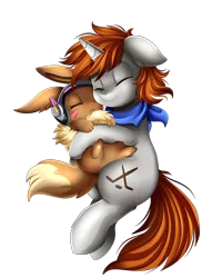 Size: 2550x3509 | Tagged: safe, artist:pridark, derpibooru import, oc, oc:disterious, eevee, pony, unicorn, bandana, clothes, commission, cute, cutie mark, d.va, eyes closed, floppy ears, headphones, high res, horn, hug, male, orange mane, orange tail, overwatch, pokémon, simple background, smiling, snuggling, stallion, transparent background