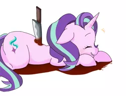 Size: 832x634 | Tagged: semi-grimdark, artist:gyunyu, derpibooru import, starlight glimmer, pony, unicorn, blushing, context is for the weak, eyes closed, fake blood, floppy ears, grin, knife, playing dead, prone, simple background, smiling, solo, white background