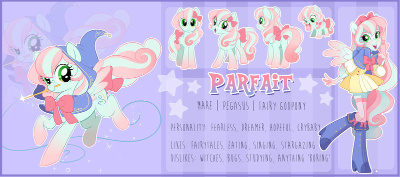 Size: 800x355 | Tagged: safe, artist:parfywarfy, derpibooru import, oc, oc:parfait, unofficial characters only, pegasus, pony, equestria girls, bow, female, hair bow, hat, mare, mouth hold, reference sheet, solo, tail bow, wand, witch hat