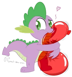 Size: 946x1016 | Tagged: safe, artist:rupertbluefox, derpibooru import, spike, dragon, baby, baby dragon, balloon, claws, cute, green eyes, heart, hug, imminent popping, male, signature, simple background, snuggling, solo, spikabetes, squeezing, transparent background