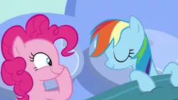 Size: 1920x1080 | Tagged: safe, derpibooru import, screencap, pinkie pie, rainbow dash, surprise, earth pony, pegasus, secrets and pies, bed, female, funny face, image, lesbian, out of context, pillow, pinkiedash, png, shipping, sleeping