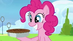 Size: 1920x1080 | Tagged: safe, derpibooru import, screencap, pinkie pie, earth pony, pony, secrets and pies, cute, excited, female, food, mare, pecan pie, pie, smiling, solo, wonderbolts headquarters