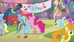 Size: 1920x1080 | Tagged: berry punch, berryshine, birthaversary, carrot top, derpibooru import, derpy hooves, golden harvest, hug, linky, partillery, pinkie pie, rainbow dash, safe, screencap, secrets and pies, shoeshine