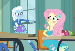 Size: 672x454 | Tagged: safe, derpibooru import, screencap, fluttershy, trixie, bird, a little birdie told me, equestria girls, equestria girls series, blushing, geode of fauna, looking at each other, magical geodes, pointing, songbird