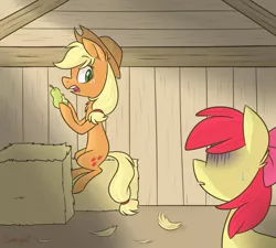 Size: 900x810 | Tagged: dead source, safe, artist:flourret, derpibooru import, apple bloom, applejack, pony, barn, betrayal, blasphemy, dishonorapple, food, hay bale, hilarious in hindsight, pear, pearesy, sweat