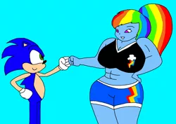 Size: 2310x1640 | Tagged: suggestive, artist:portalmasterdan64, derpibooru import, rainbow dash, equestria girls, abs, big breasts, breasts, busty rainbow dash, cleavage, crossover, female, simple background, smiling, sonic the hedgehog, sonic the hedgehog (series)