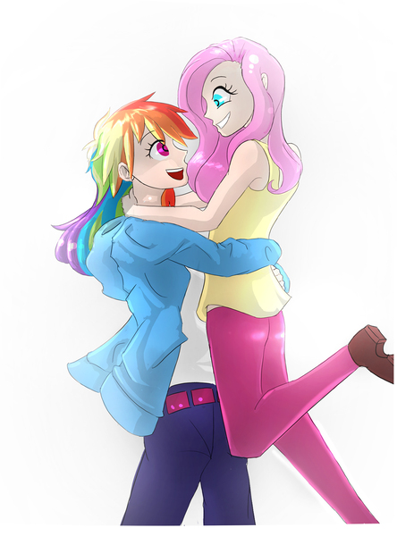 Size: 1400x1890 | Tagged: safe, artist:jaeneth, derpibooru import, fluttershy, rainbow dash, human, clothes, female, flutterdash, humanized, lesbian, lifted up, lifting, shipping