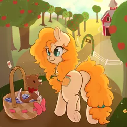 Size: 5000x5000 | Tagged: safe, artist:wickedsilly, derpibooru import, pear butter, winona, earth pony, pony, the perfect pear, absurd resolution, barn, basket, cute, female, mare, pearabetes, plot, puppy, rear view, smiling, sweet apple acres, tree, underhoof, winonabetes