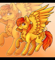 Size: 1280x1408 | Tagged: safe, artist:gela98, derpibooru import, oc, unofficial characters only, pegasus, pony, chest fluff, digital, female, fire, gradient background, mare, solo, unshorn fetlocks, zoom layer