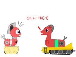 Size: 1500x1125 | Tagged: safe, artist:trackheadtherobopony, derpibooru import, oc, oc:trackhead, unofficial characters only, pony, robot, robot pony, artstyle evolution, comic sans, duo, male, old vs new, shocked, simple background, transparent background