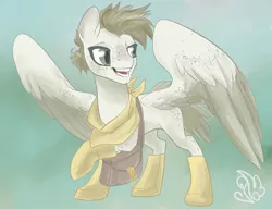 Size: 1300x1000 | Tagged: safe, artist:candasaurus, derpibooru import, oc, oc:joshua, unofficial characters only, pegasus, pony, bag, boots, clothes, scarf, shoes, solo, spread wings, wings