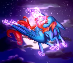 Size: 4596x3984 | Tagged: safe, artist:crazllana, derpibooru import, oc, oc:sunrise sparkle, unofficial characters only, alicorn, pony, female, high res, magic, mare, moon, night, solo