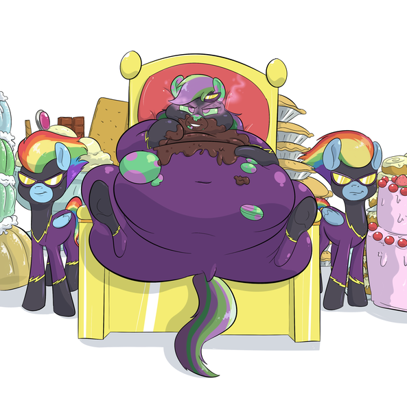 Size: 2800x2831 | Tagged: artist:anonopony, cake, clothes, corrupted, costume, derpibooru import, dirty, dock, fat, food, graham cracker, huge belly, ice cream, jello, large belly, messy eating, morbidly obese, multeity, obese, pie, questionable, rainblob dash, rainbow dash, self ponidox, shadowbolt dash, shadowbolts, shadowbolts costume, throne, torn clothes, transformation, twinning, weight gain