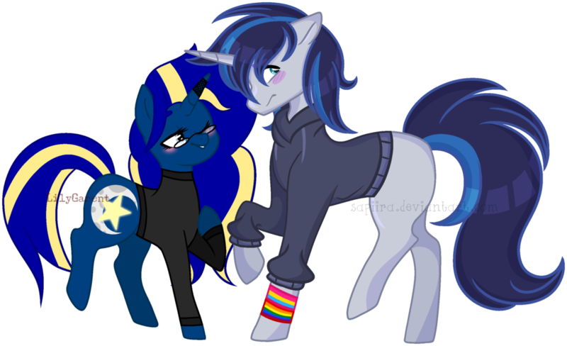 Size: 1024x624 | Tagged: safe, artist:lilygarent, derpibooru import, oc, oc:jayce, oc:midnight star, unofficial characters only, pony, unicorn, blushing, clothes, female, male, mare, simple background, stallion, sweater, transparent background