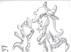 Size: 2324x1700 | Tagged: safe, artist:chiptunebrony, derpibooru import, mina, spike, dragon, black and white, cursive writing, cute, date, female, grayscale, happy, implied hugging, inked, male, minabetes, monochrome, open arms, open mouth, shading, shipping, signature, smiling, spikabetes, spina, straight, traditional art