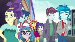 Size: 1366x768 | Tagged: safe, derpibooru import, screencap, curly winds, purple frizz, rarity, some blue guy, sunset shimmer, technicolor waves, thunderbass, track starr, display of affection, equestria girls, equestria girls series, background human, canterlot city, female, geode of empathy, magical geodes, male