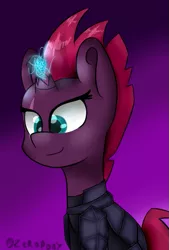 Size: 459x678 | Tagged: safe, artist:gamerzero158, derpibooru import, tempest shadow, pony, unicorn, my little pony: the movie, armor, broken horn, bust, gradient background, magic, portrait, purple background, simple background, smiling, solo, sparking horn