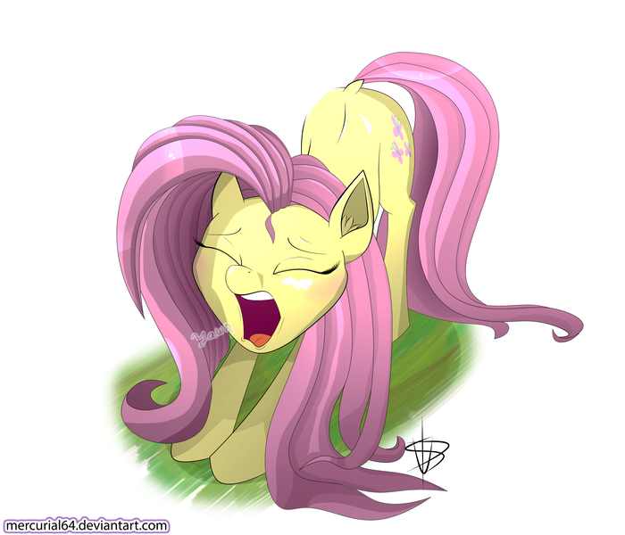Size: 3500x3000 | Tagged: safe, artist:mercurial64, derpibooru import, fluttershy, pegasus, pony, basking in the sun, blushing, cute, eyes closed, female, hnnng, mare, morning ponies, open mouth, shyabetes, solo, stretching, weapons-grade cute, yawn