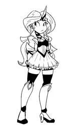 Size: 513x851 | Tagged: dead source, safe, artist:reiduran, derpibooru import, sunset shimmer, human, equestria girls, black and white, female, grayscale, high heels, horned humanization, humanized, magical girl, magical sunset-chan, monochrome, ms paint adventures, shoes, solo