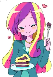 Size: 338x486 | Tagged: safe, artist:lotte, derpibooru import, princess cadance, equestria girls, blush sticker, blushing, cake, cute, cutedance, dean cadance, dishes, eyes closed, food, fork, heart