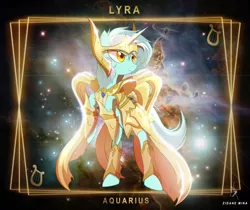 Size: 3840x3232 | Tagged: safe, artist:zidanemina, derpibooru import, lyra heartstrings, pony, unicorn, aquarius, armor, female, horoscope, mare, rearing, saint seiya, serious, serious face, solo, zodiac